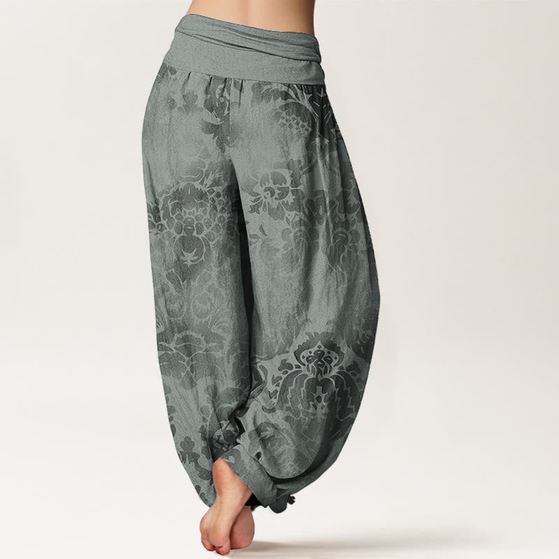 Buddha Stones Damen-Haremshose aus reiner Baumwolle mit Blumen- und Blätter-Design und elastischer Taille