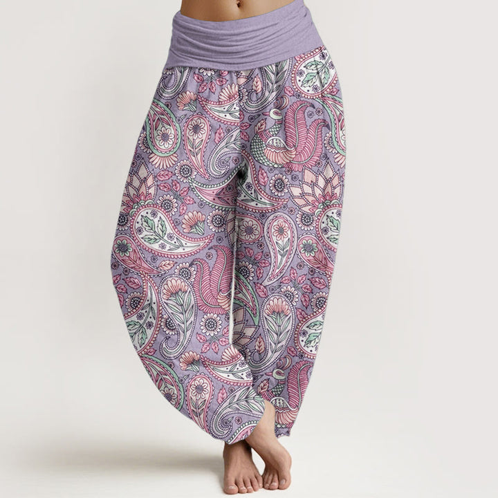 Buddha Stones Damen-Haremshose aus reiner Baumwolle mit Cashew-Blumen-Pfauen-Sonnenblumen-Design und elastischer Taille