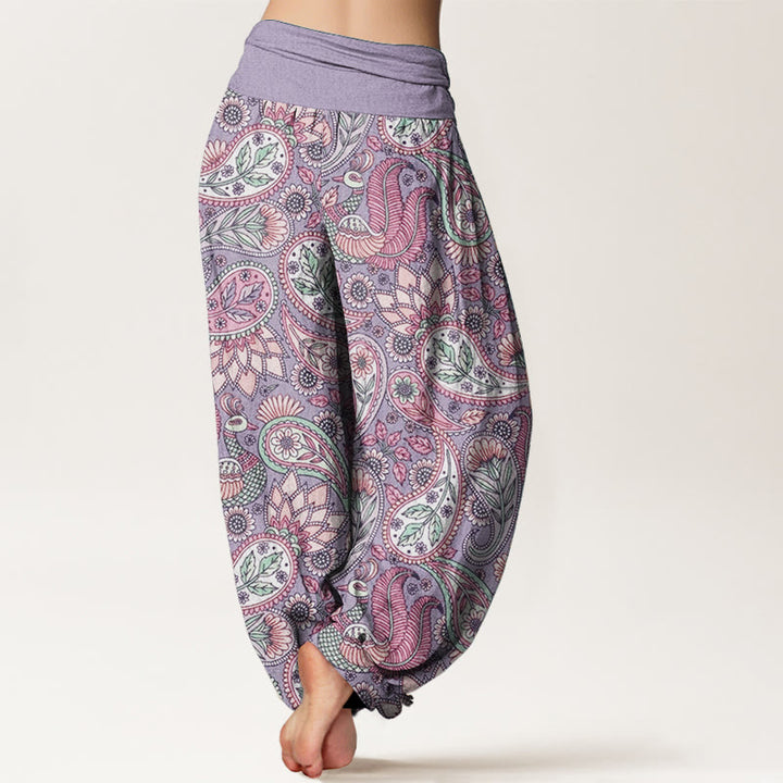 Buddha Stones Damen-Haremshose aus reiner Baumwolle mit Cashew-Blumen-Pfauen-Sonnenblumen-Design und elastischer Taille