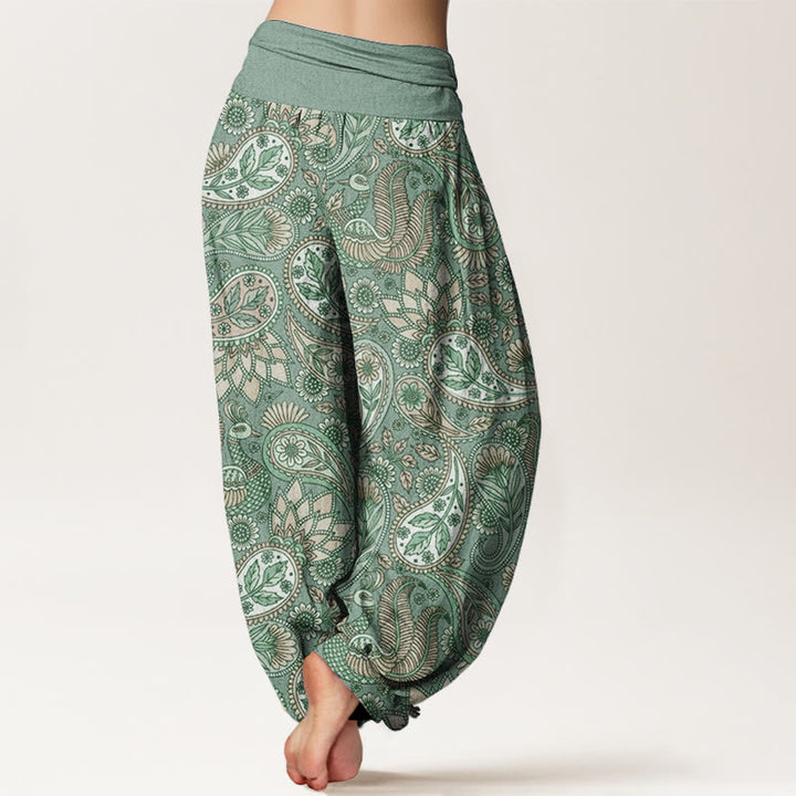 Buddha Stones Damen-Haremshose aus reiner Baumwolle mit Cashew-Blumen-Pfauen-Sonnenblumen-Design und elastischer Taille
