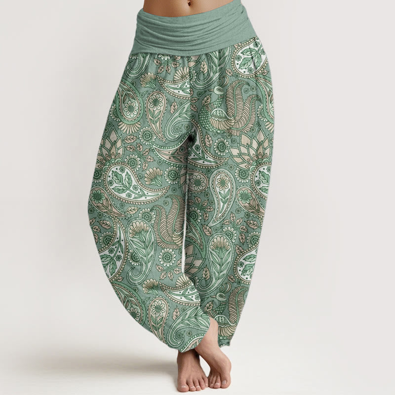 Buddha Stones Damen-Haremshose aus reiner Baumwolle mit Cashew-Blumen-Pfauen-Sonnenblumen-Design und elastischer Taille