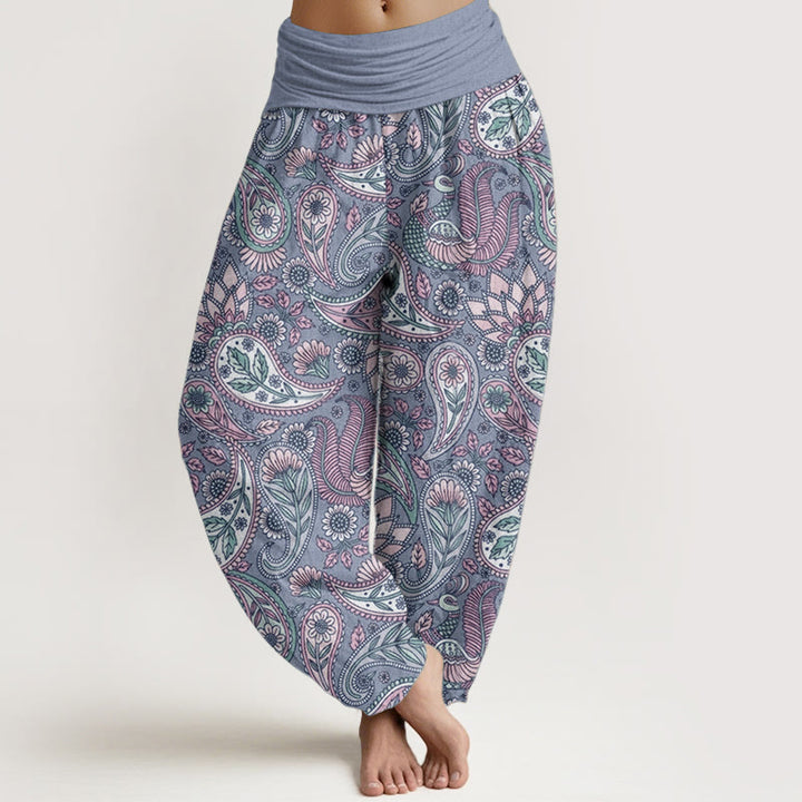 Buddha Stones Damen-Haremshose aus reiner Baumwolle mit Cashew-Blumen-Pfauen-Sonnenblumen-Design und elastischer Taille