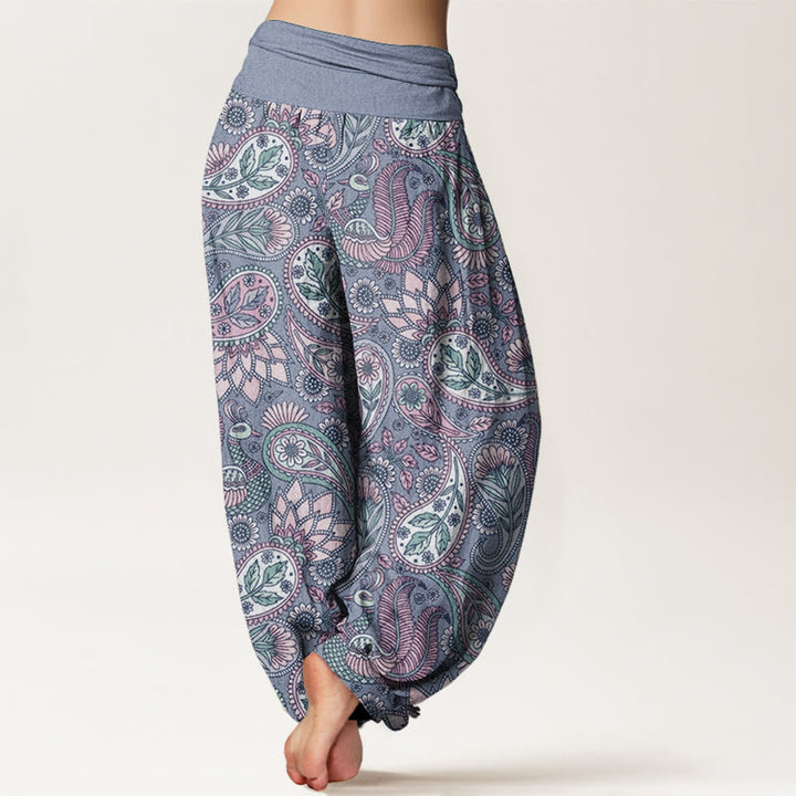 Buddha Stones Damen-Haremshose aus reiner Baumwolle mit Cashew-Blumen-Pfauen-Sonnenblumen-Design und elastischer Taille