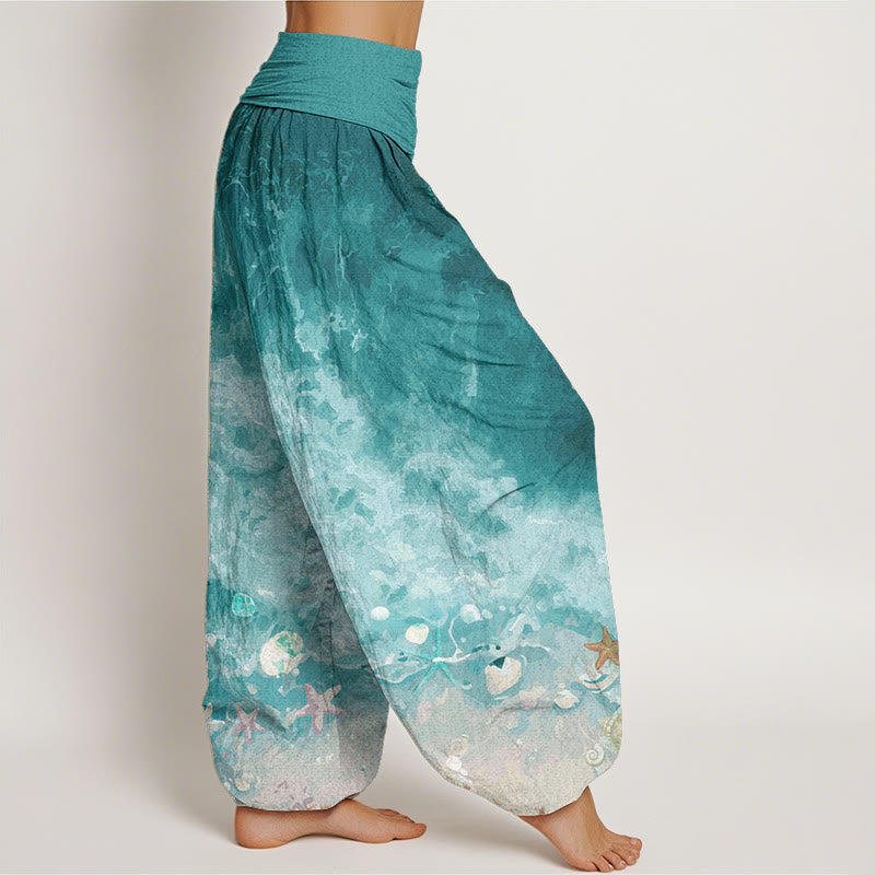 Buddha Stones Damen-Haremshose aus reiner Baumwolle mit weitem Ozeanmuster und elastischer Taille