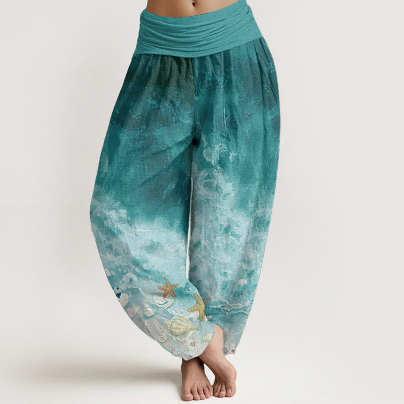 Buddha Stones Damen-Haremshose aus reiner Baumwolle mit weitem Ozeanmuster und elastischer Taille - Hellseegrün - US22, UK/AU26, EU54 (6XL) - image 0