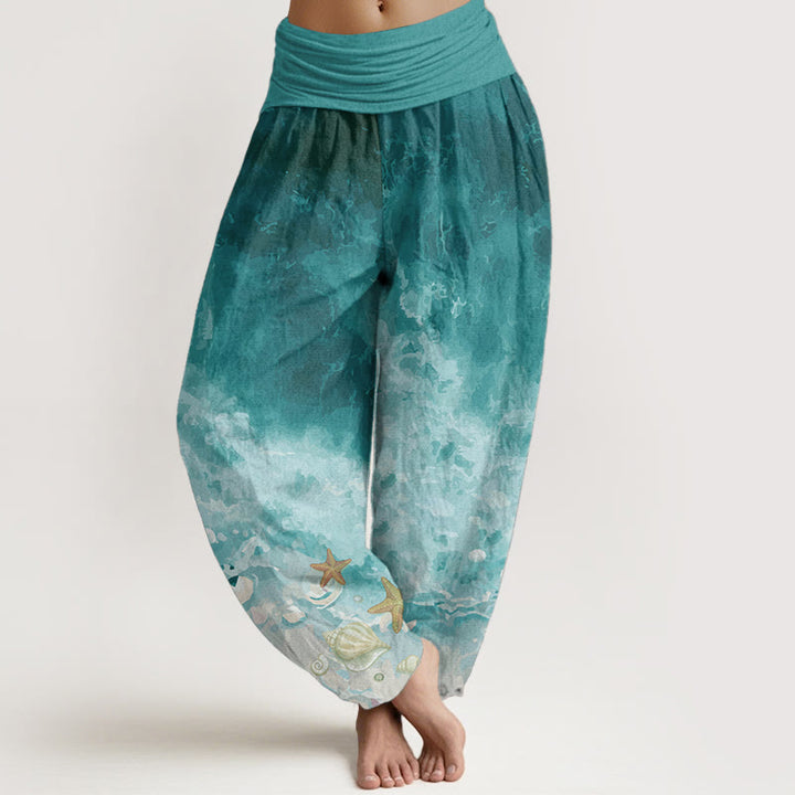 Buddha Stones Damen-Haremshose aus reiner Baumwolle mit weitem Ozeanmuster und elastischer Taille