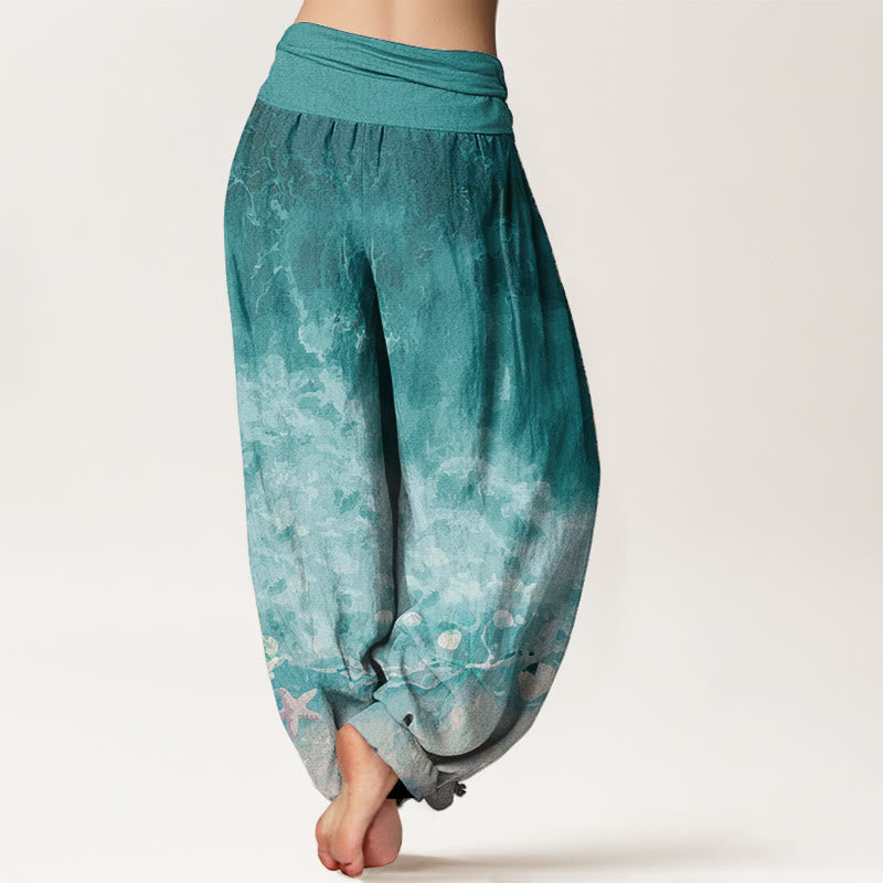 Buddha Stones Damen-Haremshose aus reiner Baumwolle mit weitem Ozeanmuster und elastischer Taille