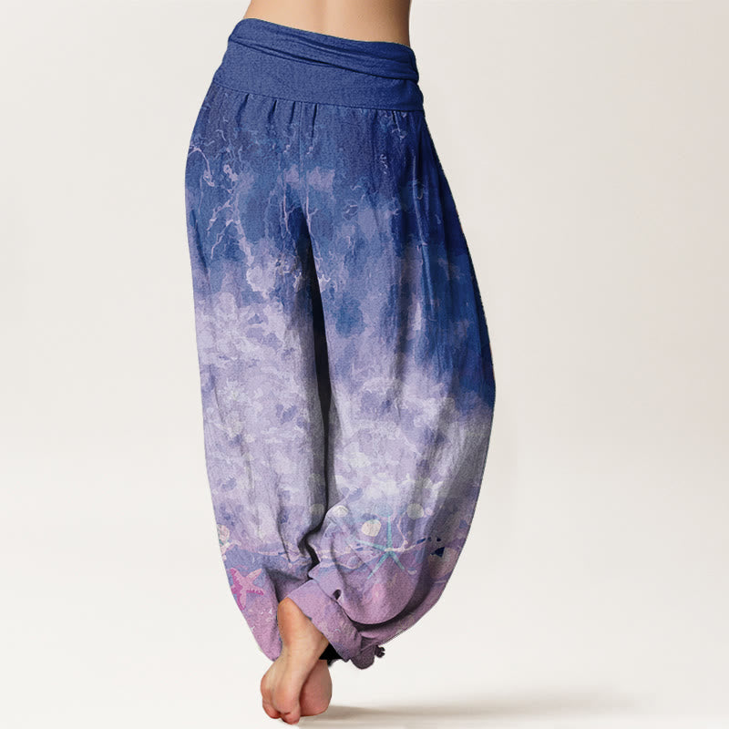 Buddha Stones Damen-Haremshose aus reiner Baumwolle mit weitem Ozeanmuster und elastischer Taille