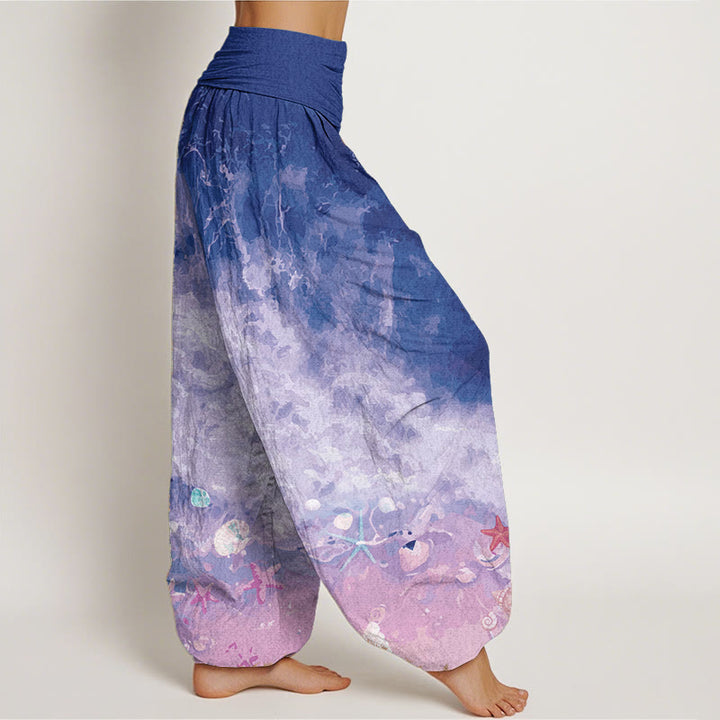 Buddha Stones Damen-Haremshose aus reiner Baumwolle mit weitem Ozeanmuster und elastischer Taille