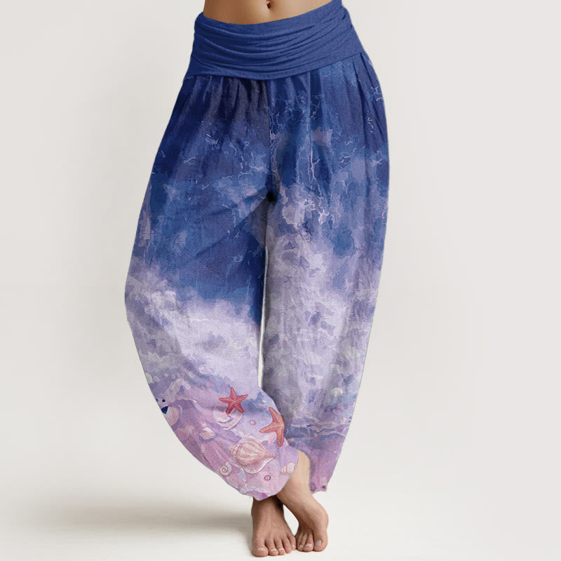 Buddha Stones Damen-Haremshose aus reiner Baumwolle mit weitem Ozeanmuster und elastischer Taille