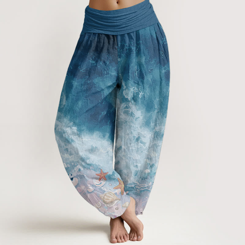 Buddha Stones Damen-Haremshose aus reiner Baumwolle mit weitem Ozeanmuster und elastischer Taille