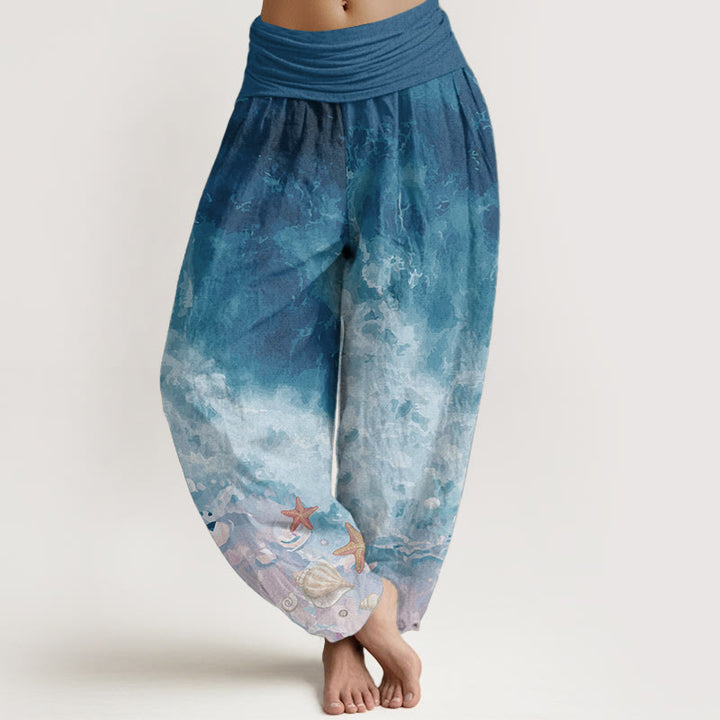 Buddha Stones Damen-Haremshose aus reiner Baumwolle mit weitem Ozeanmuster und elastischer Taille