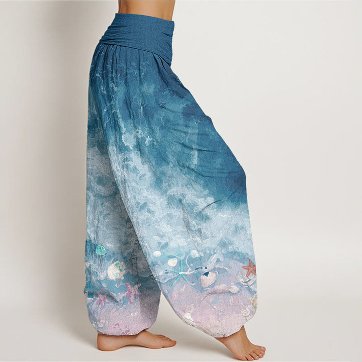 Buddha Stones Damen-Haremshose aus reiner Baumwolle mit weitem Ozeanmuster und elastischer Taille