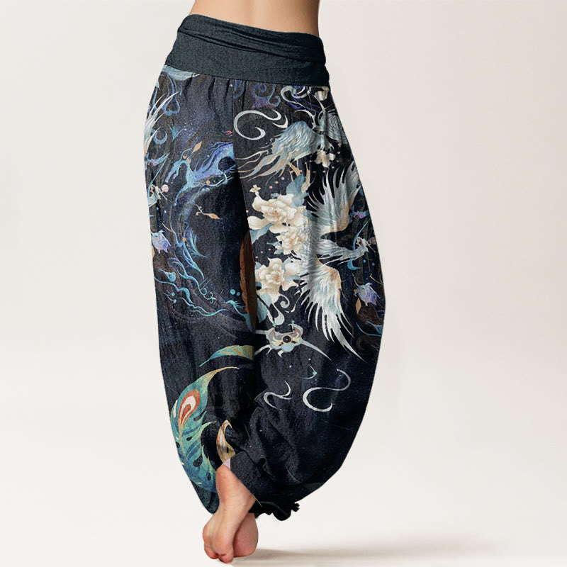 Buddha Stones Damen-Haremshose mit elastischer Taille und Phönix-Blumenmuster aus reiner Baumwolle