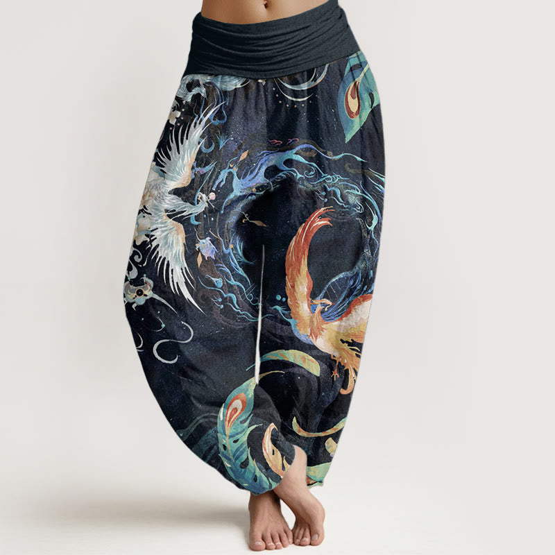 Buddha Stones Damen-Haremshose mit elastischer Taille und Phönix-Blumenmuster aus reiner Baumwolle - Schwarz - US22, UK/AU26, EU54 (6XL) - image 0