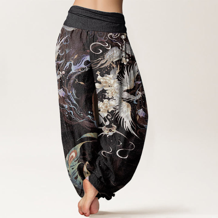 Buddha Stones Damen-Haremshose mit elastischer Taille und Phönix-Blumenmuster aus reiner Baumwolle