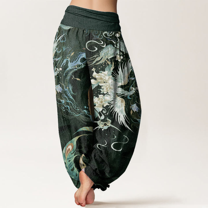 Buddha Stones Damen-Haremshose mit elastischer Taille und Phönix-Blumenmuster aus reiner Baumwolle