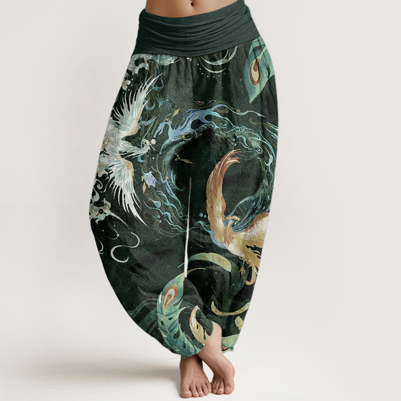 Buddha Stones Damen-Haremshose mit elastischer Taille und Phönix-Blumenmuster aus reiner Baumwolle