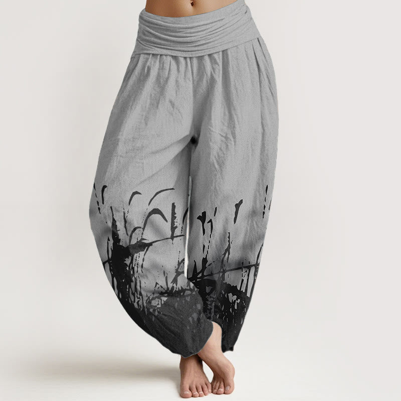 Buddha Stones Damen-Haremshose mit elastischer Taille und Wildgras-Muster aus reiner Baumwolle - Grau - US22, UK/AU26, EU54 (6XL) - image 0