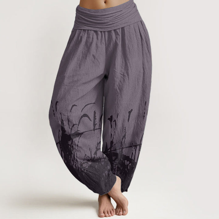 Buddha Stones Damen-Haremshose mit elastischer Taille und Wildgras-Muster aus reiner Baumwolle