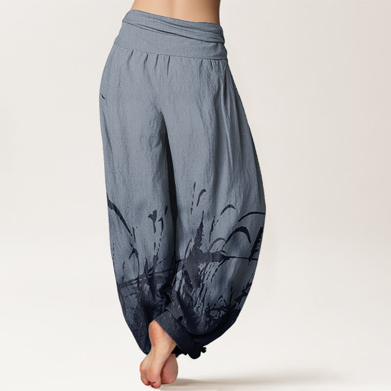 Buddha Stones Damen-Haremshose mit elastischer Taille und Wildgras-Muster aus reiner Baumwolle