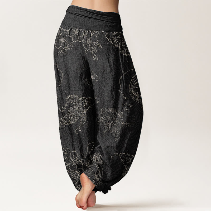 Buddha Stones Damen-Haremshose mit elastischer Taille und Koi-Fisch-Blumenmuster aus reiner Baumwolle - image 1