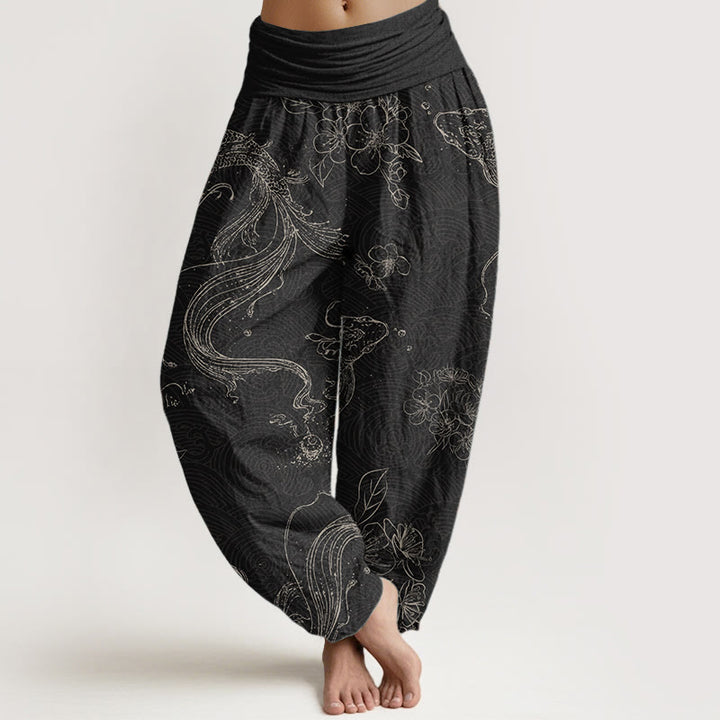 Buddha Stones Damen-Haremshose mit elastischer Taille und Koi-Fisch-Blumenmuster aus reiner Baumwolle