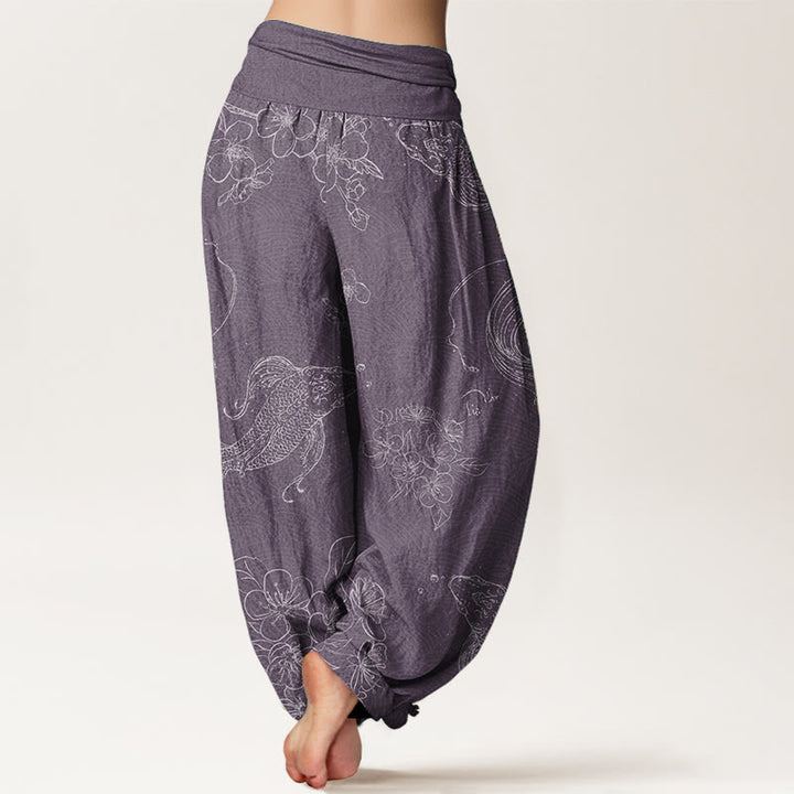 Buddha Stones Damen-Haremshose mit elastischer Taille und Koi-Fisch-Blumenmuster aus reiner Baumwolle