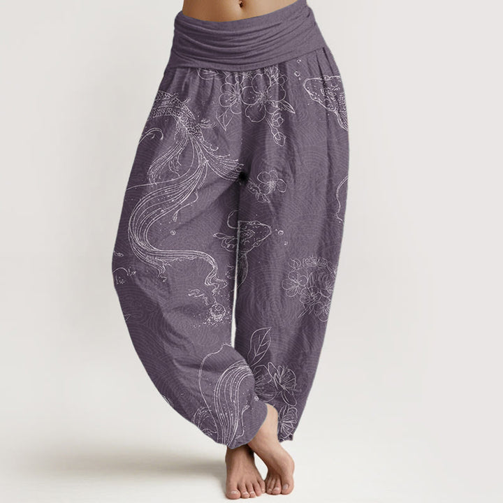 Buddha Stones Damen-Haremshose mit elastischer Taille und Koi-Fisch-Blumenmuster aus reiner Baumwolle