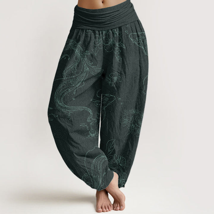 Buddha Stones Damen-Haremshose mit elastischer Taille und Koi-Fisch-Blumenmuster aus reiner Baumwolle