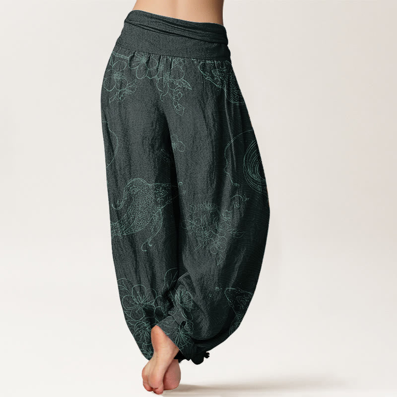 Buddha Stones Damen-Haremshose mit elastischer Taille und Koi-Fisch-Blumenmuster aus reiner Baumwolle