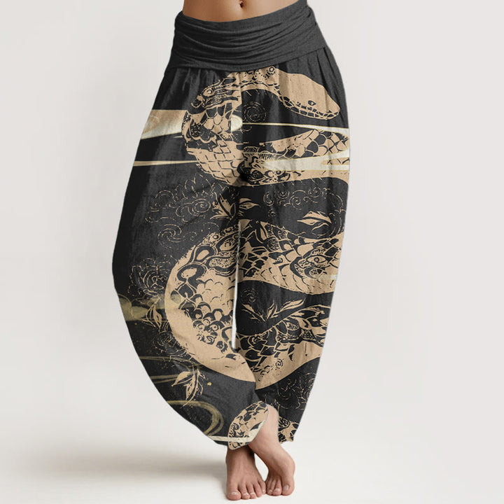Buddha Stones Haremshose aus reiner Baumwolle mit glückverheißenden Wolken und Schlangenmuster für Damen mit elastischer Taille
