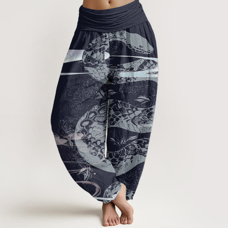 Buddha Stones Haremshose aus reiner Baumwolle mit glückverheißenden Wolken und Schlangenmuster für Damen mit elastischer Taille