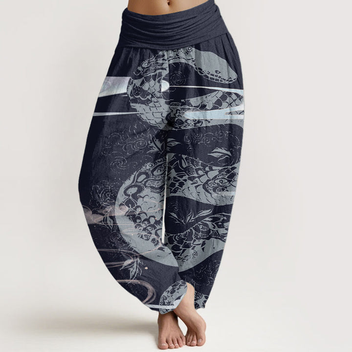 Buddha Stones Haremshose aus reiner Baumwolle mit glückverheißenden Wolken und Schlangenmuster für Damen mit elastischer Taille