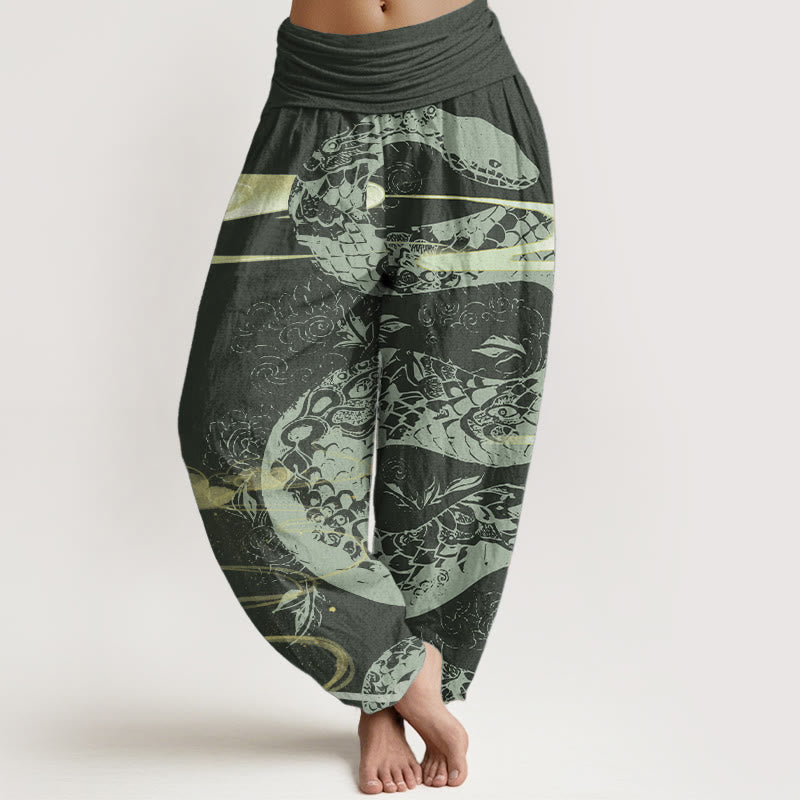 Buddha Stones Haremshose aus reiner Baumwolle mit glückverheißenden Wolken und Schlangenmuster für Damen mit elastischer Taille