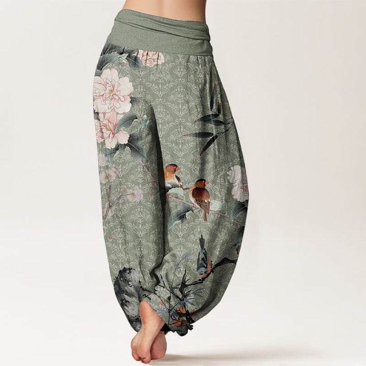 Haremshose aus reiner Baumwolle mit Buddha Stones, Grasmückenvogel, blühenden Blumenzweigen und Mandala-Muster für Damen mit elastischer Taille
