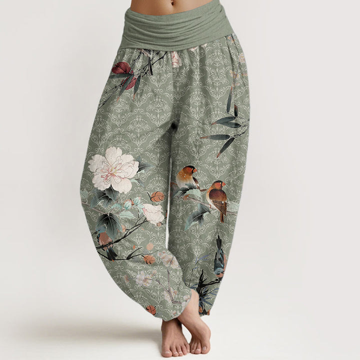 Haremshose aus reiner Baumwolle mit Buddha Stones, Grasmückenvogel, blühenden Blumenzweigen und Mandala-Muster für Damen mit elastischer Taille
