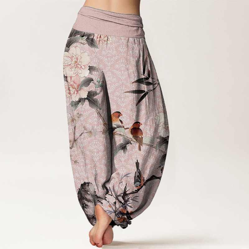 Haremshose aus reiner Baumwolle mit Buddha Stones, Grasmückenvogel, blühenden Blumenzweigen und Mandala-Muster für Damen mit elastischer Taille