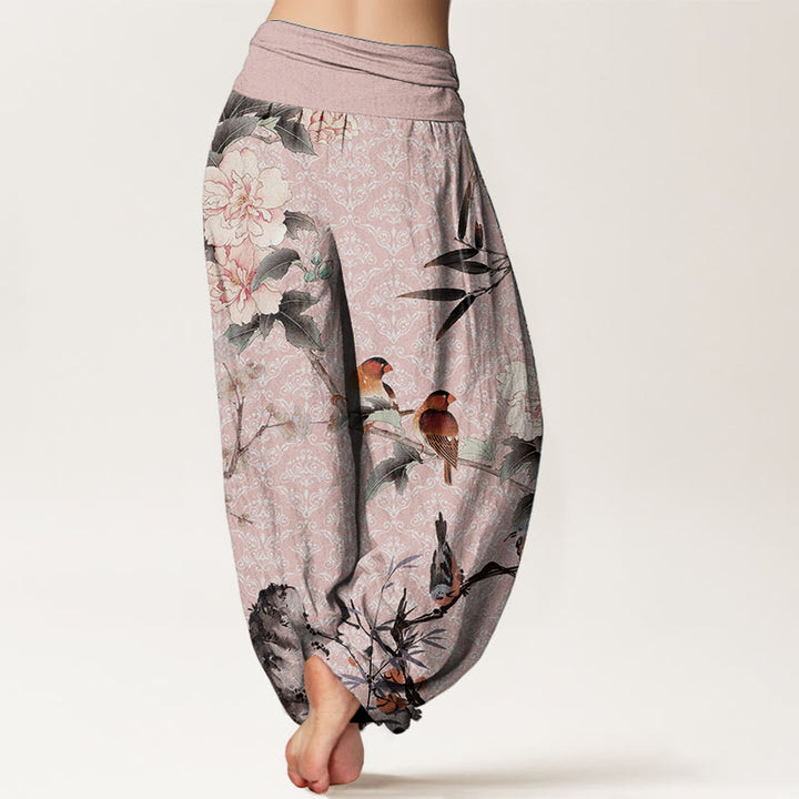 Haremshose aus reiner Baumwolle mit Buddha Stones, Grasmückenvogel, blühenden Blumenzweigen und Mandala-Muster für Damen mit elastischer Taille