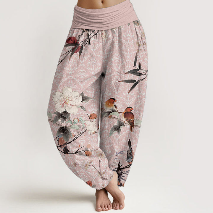 Haremshose aus reiner Baumwolle mit Buddha Stones, Grasmückenvogel, blühenden Blumenzweigen und Mandala-Muster für Damen mit elastischer Taille