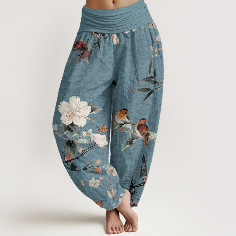 Haremshose aus reiner Baumwolle mit Buddha Stones, Grasmückenvogel, blühenden Blumenzweigen und Mandala-Muster für Damen mit elastischer Taille