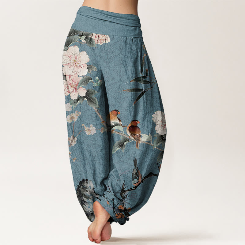 Haremshose aus reiner Baumwolle mit Buddha Stones, Grasmückenvogel, blühenden Blumenzweigen und Mandala-Muster für Damen mit elastischer Taille