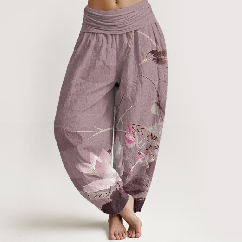 Buddha Stones Damen-Haremshose aus reiner Baumwolle mit rosa Lotusblättern und Vogelmuster und elastischer Taille