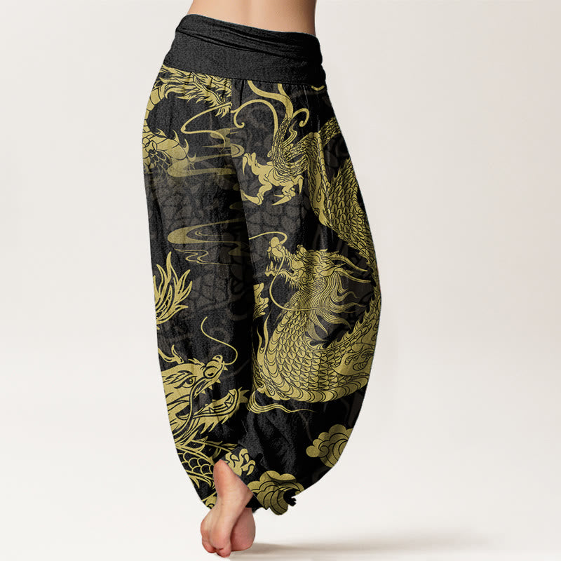Buddha Stones Damen-Haremshose aus reiner Baumwolle mit Drachen- und Glückswolken-Motiv, elastische Taille