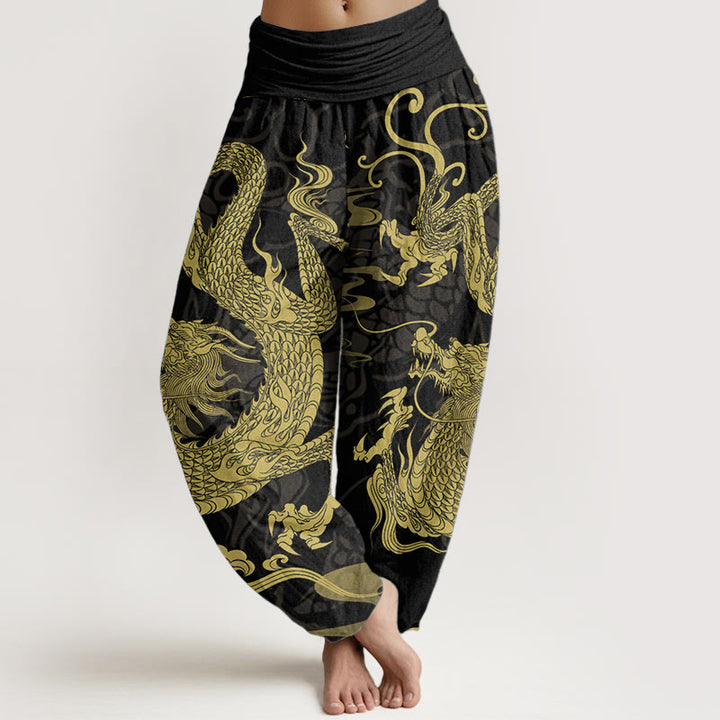 Buddha Stones Damen-Haremshose aus reiner Baumwolle mit Drachen- und Glückswolken-Motiv, elastische Taille