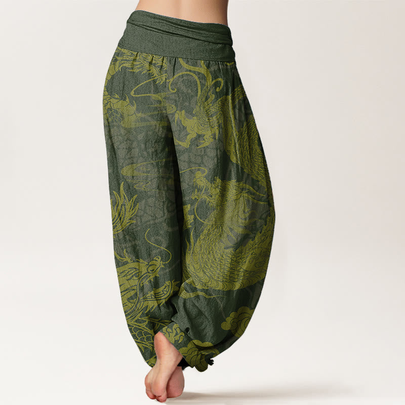 Buddha Stones Damen-Haremshose aus reiner Baumwolle mit Drachen- und Glückswolken-Motiv, elastische Taille