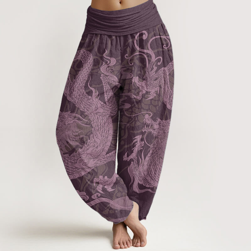 Buddha Stones Damen-Haremshose aus reiner Baumwolle mit Drachen- und Glückswolken-Motiv, elastische Taille