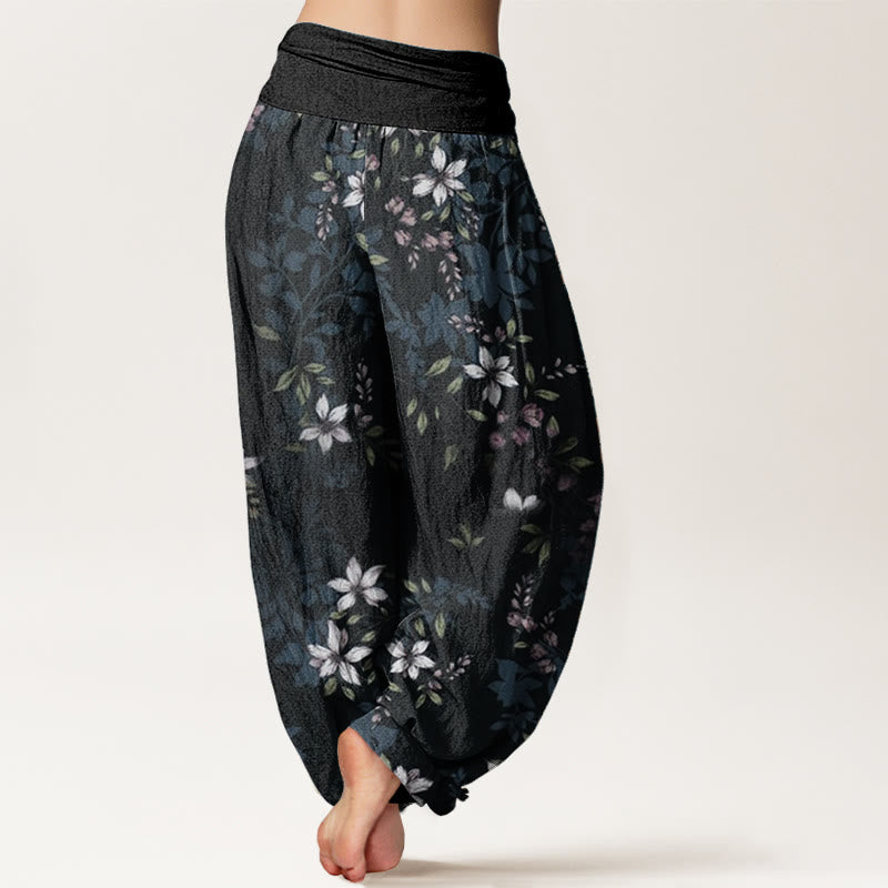 Buddha Stones Haremshose aus reiner Baumwolle mit kleinen weißen Blüten und grünen Blättern für Damen, elastische Taille
