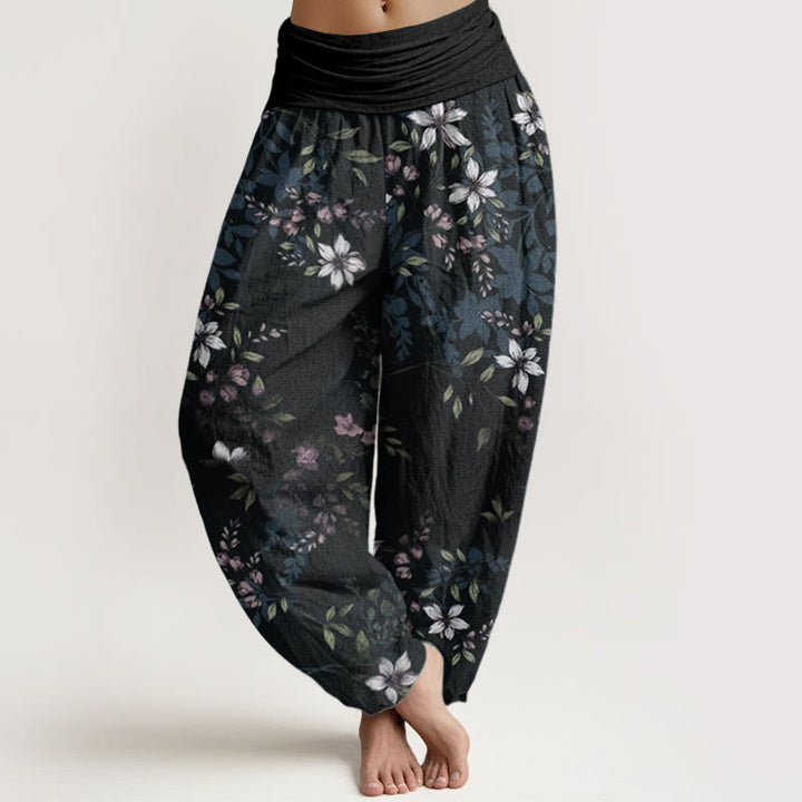 Buddha Stones Haremshose aus reiner Baumwolle mit kleinen weißen Blüten und grünen Blättern für Damen, elastische Taille