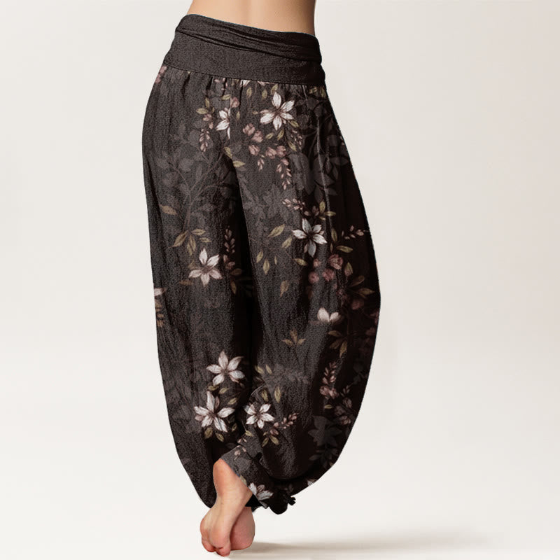 Buddha Stones Haremshose aus reiner Baumwolle mit kleinen weißen Blüten und grünen Blättern für Damen, elastische Taille